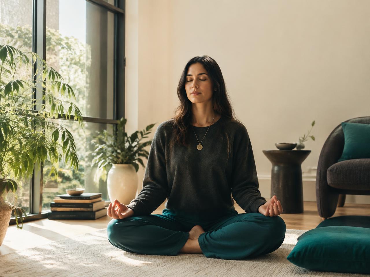 A woman meditating by a sunlit window